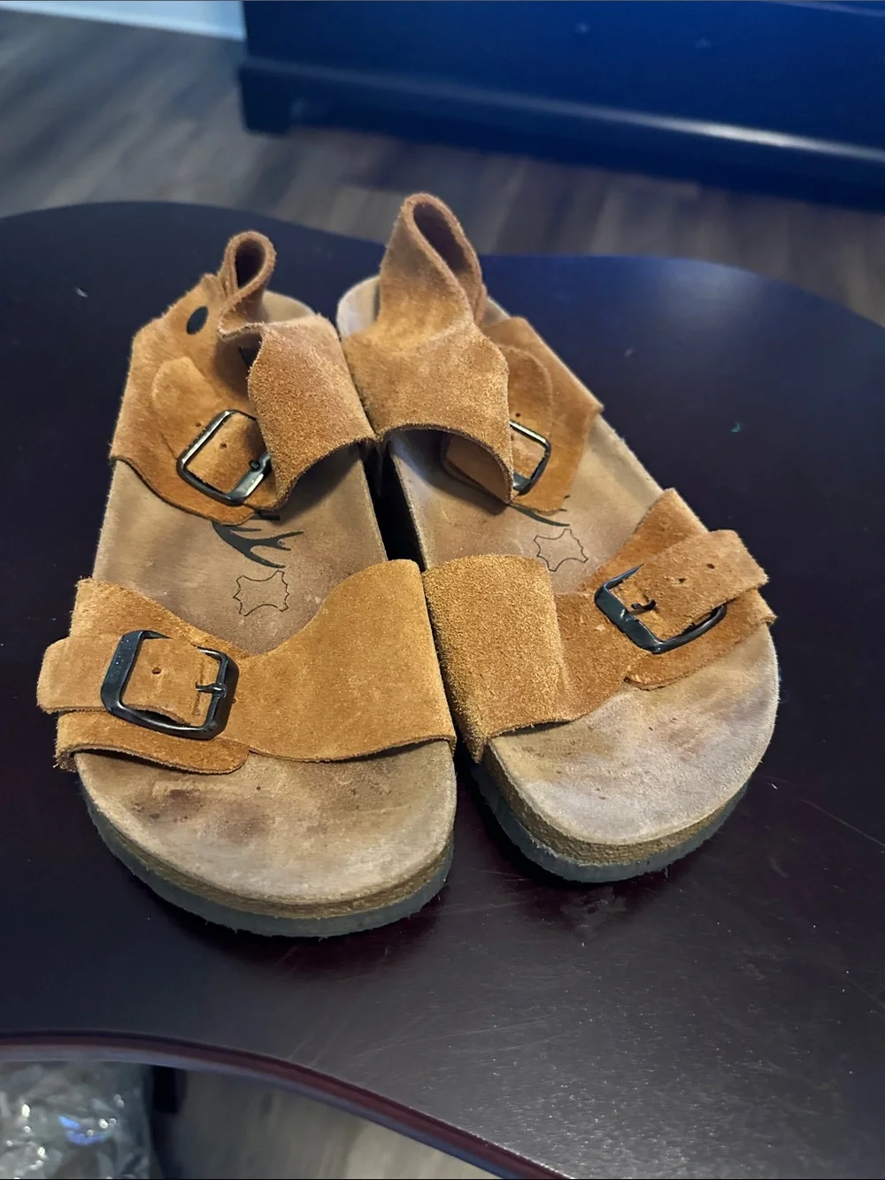 Women’s Two-Buckle Suede Sandals in Tan